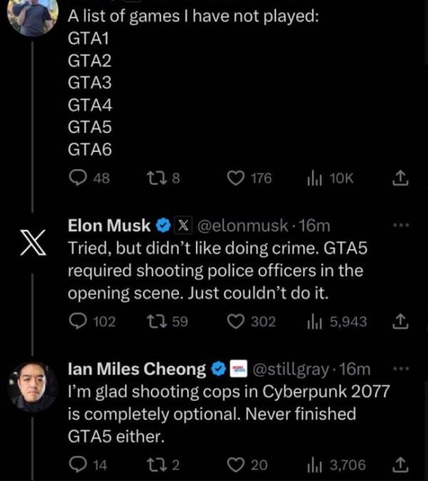 Elon Musk said he didn't like the crime in GTA. Credit: X