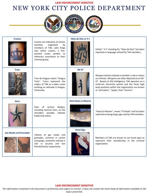 An NYPD bulletin shows the tattoos to look out for when identifying TdA members.